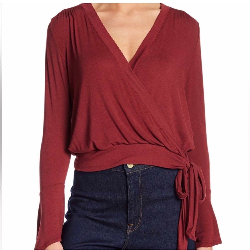 Nordstrom LUSH Ballet Tie Front Bell Sleeve Surplice Blouse Ruby Wine Women